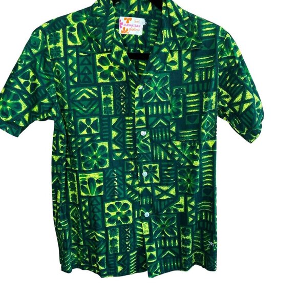 Sears Hawaiian Fashions Men's Vintage Green Tribal Tiki Print Shirt - Picture 1 of 7